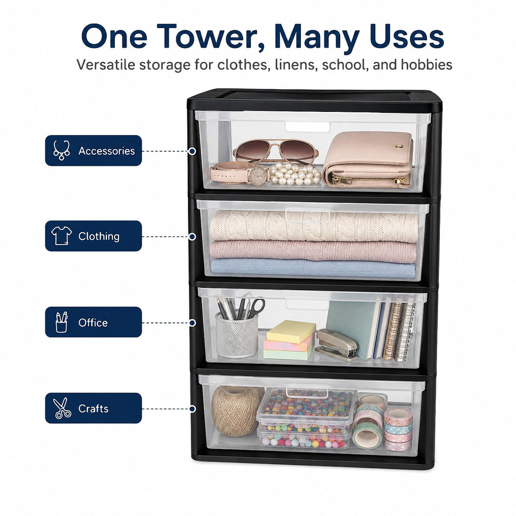4 Drawer Black Plastic Storage Tower A503245