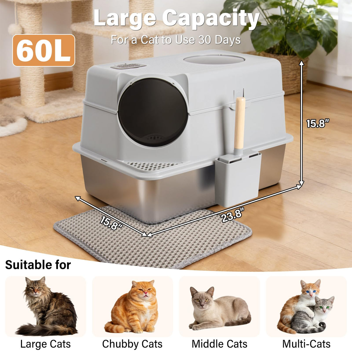 XL Stainless Steel Enclosed Cat Litter Box with Lid K1275