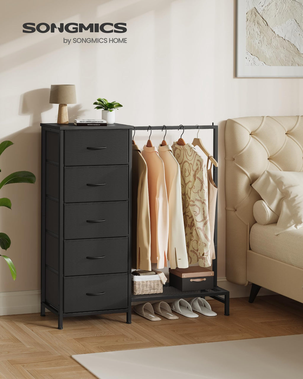 Fabric Dresser with Hanging Rod and 5 Drawers Q9671