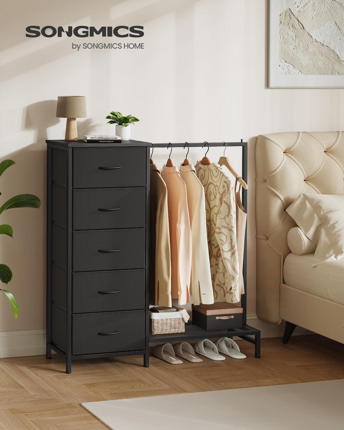 Fabric Dresser with Hanging Rod and 5 Drawers Q9671