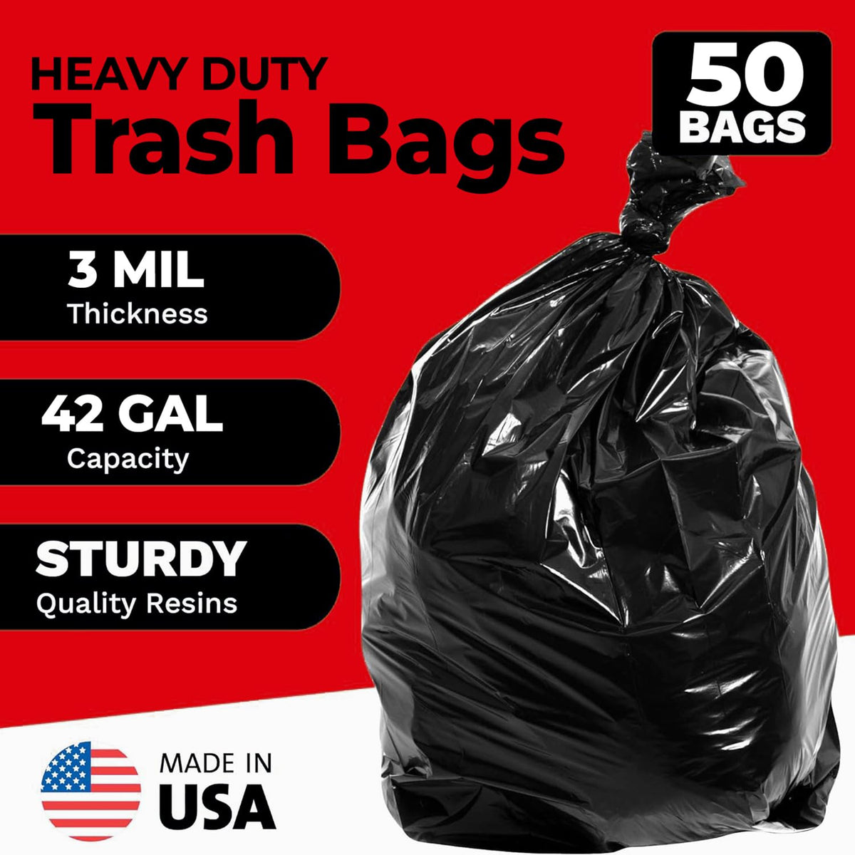 42 Gallon Heavy Duty Black 3 Mil Trash Bags, 50 Count F6071