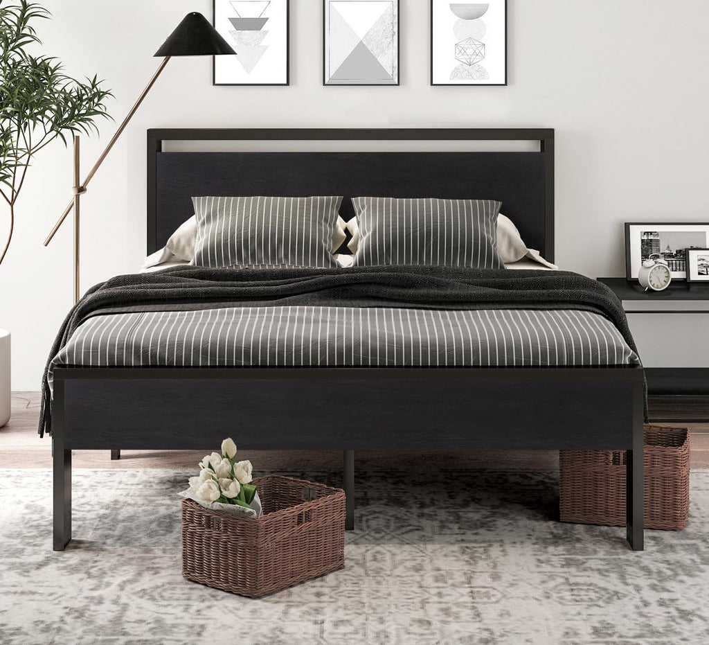 Full Size Bed Frame with Wooden Headboard and Footboard Q6382