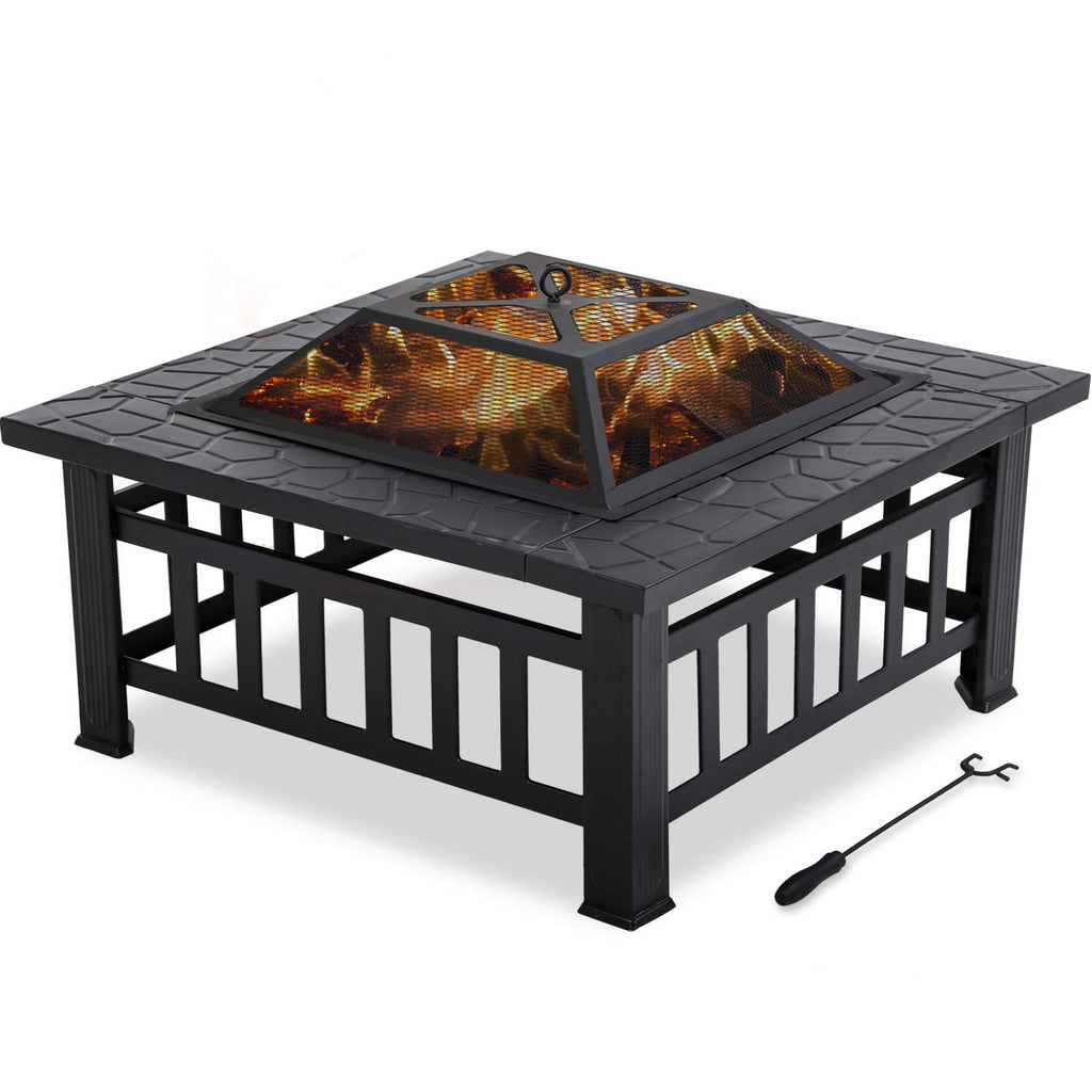 32'' Black Metal Square Wood Burning Fire Pit with Spark Screen Cover, Log Grate, Poker W21408