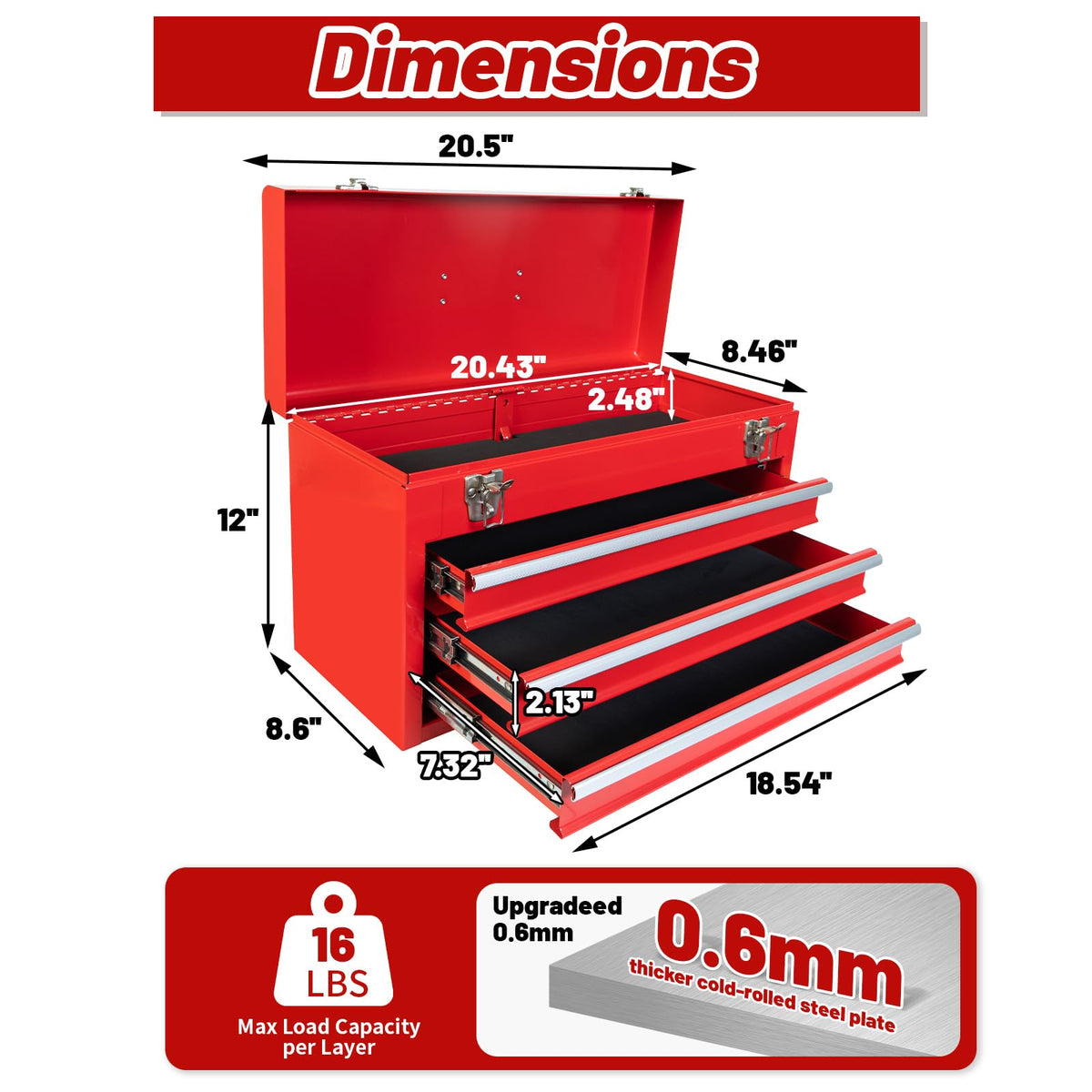 20.5-Inch Metal Tool Box with 3 Drawers Z717