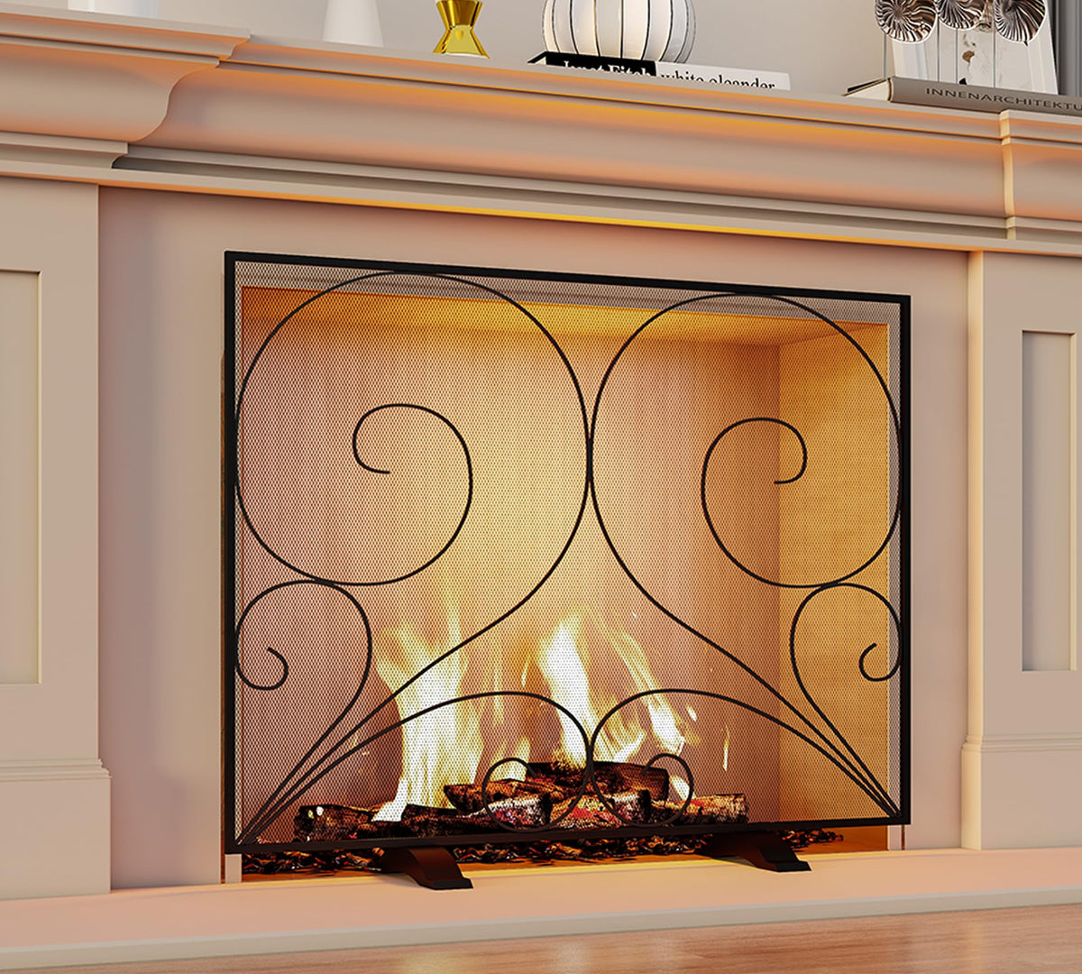 Black Single Panel Wrought Iron Fireplace Screen B39604