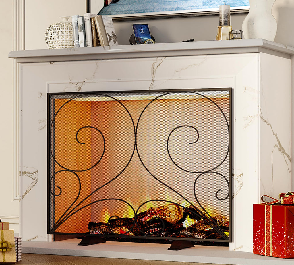 Black Single Panel Wrought Iron Fireplace Screen B39604