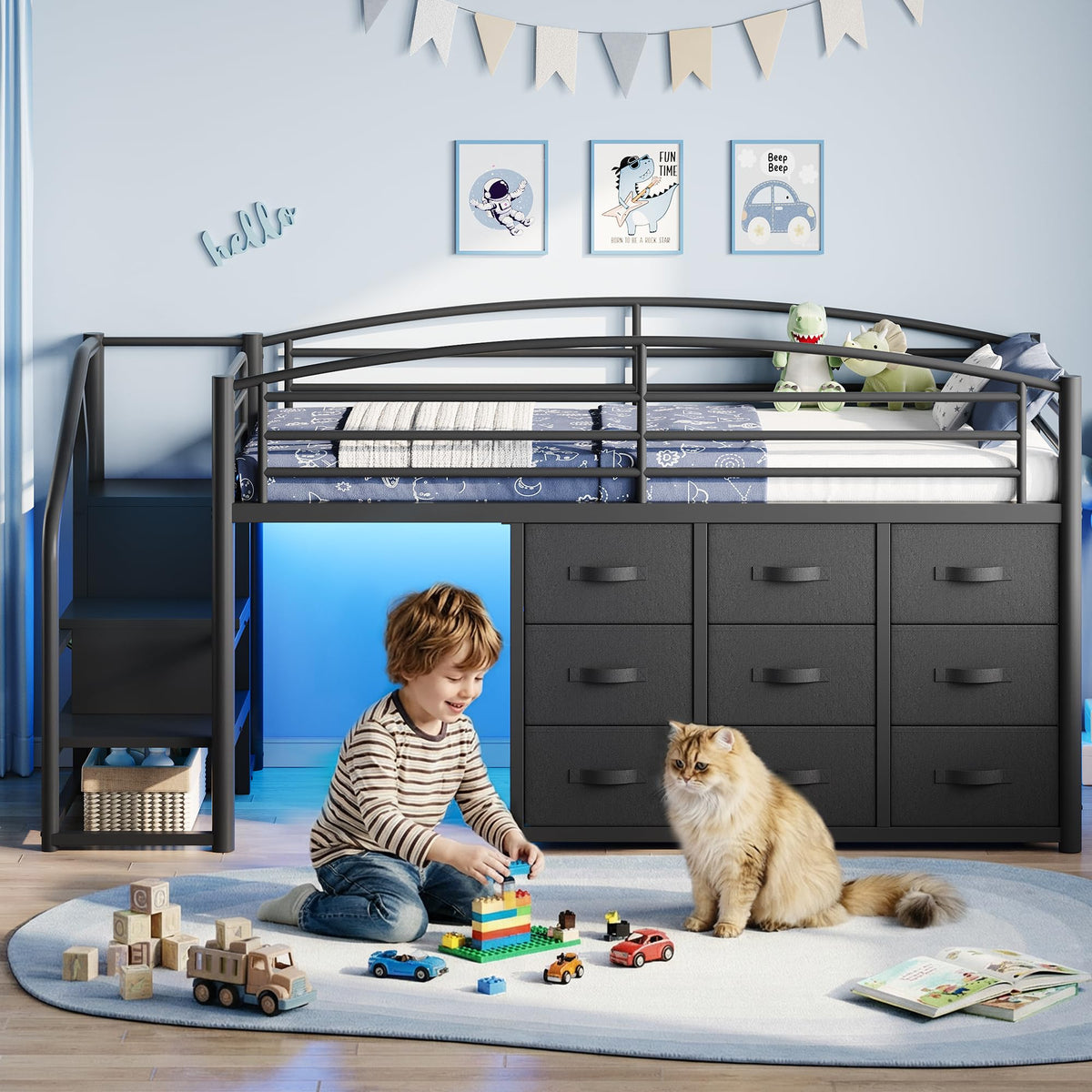 Twin Metal Loft Bed with 9 Storage Drawers and Guardrail A803009