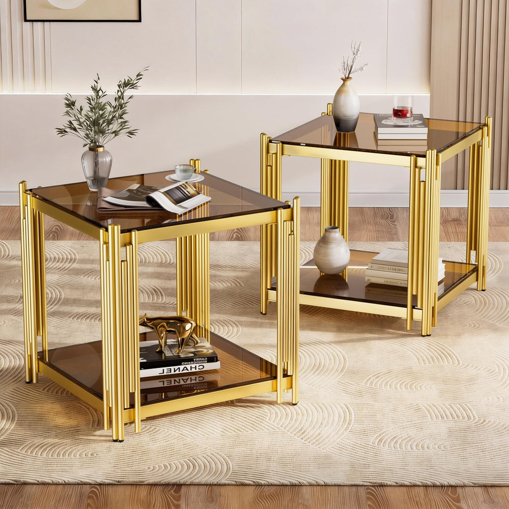 Gold Square Glass End Table, Set of 2 P387