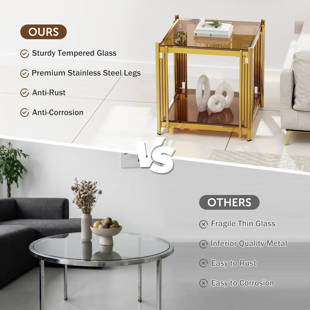 Gold Square Glass End Table, Set of 2 P387