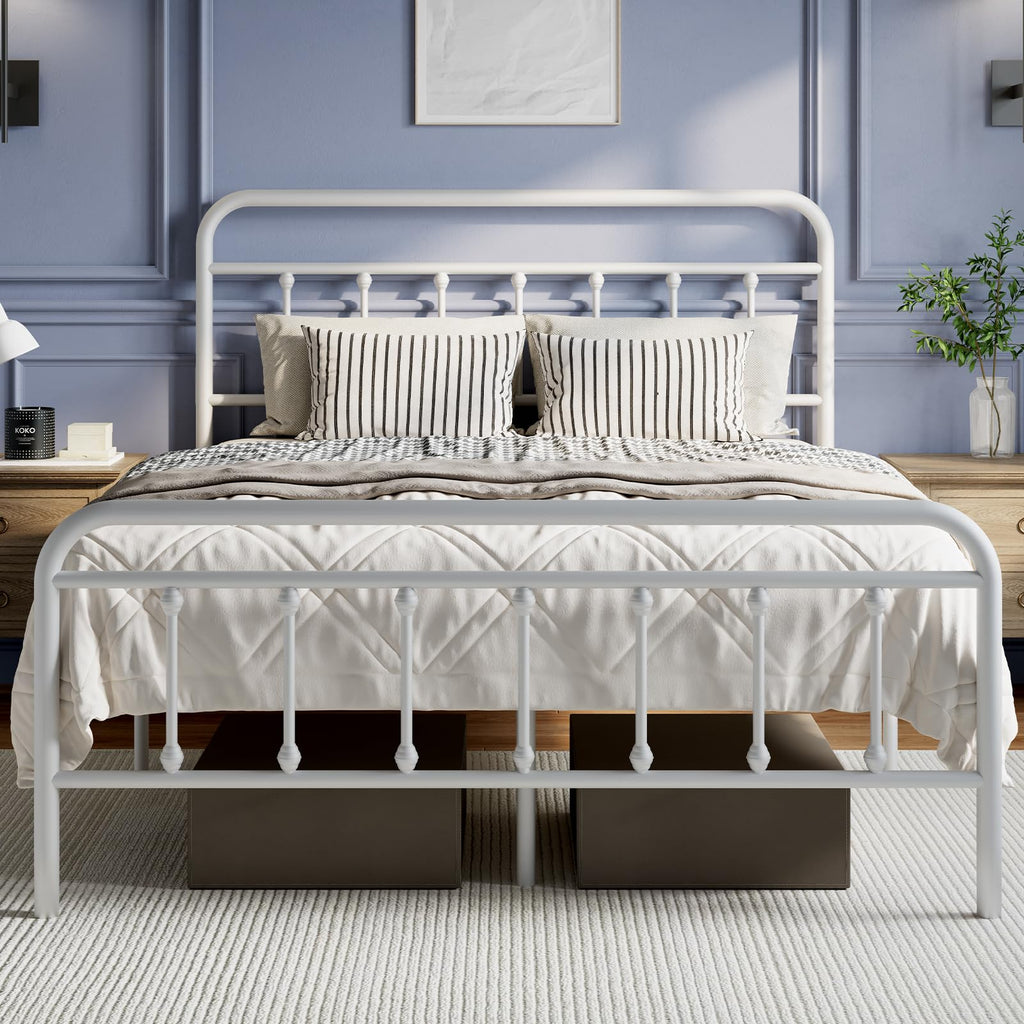 White Metal Full Size Bed Frame with Headboard and Footboard E9701