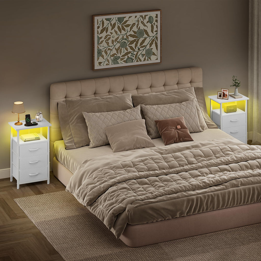 White Nightstand with Charging Station and 3 Fabric Drawers Z6115