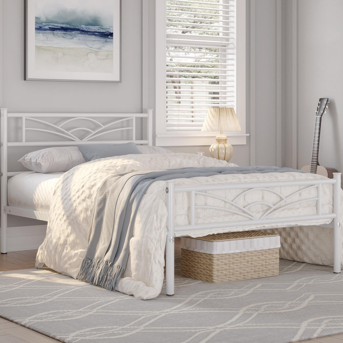 Twin Size White Metal Bed Frame with Headboard U758539