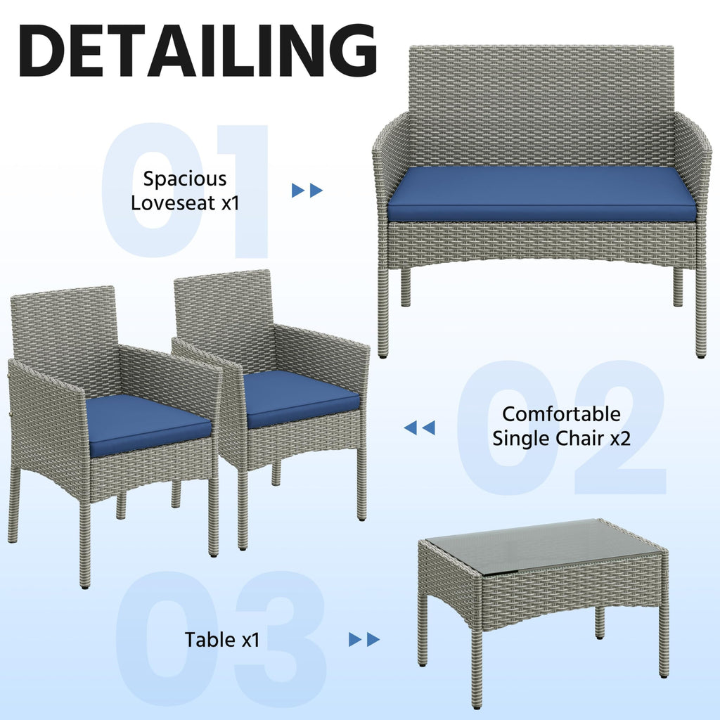 4 Pieces Rattan Wicker Patio Furniture Set with Cushion and Glass Table C756894