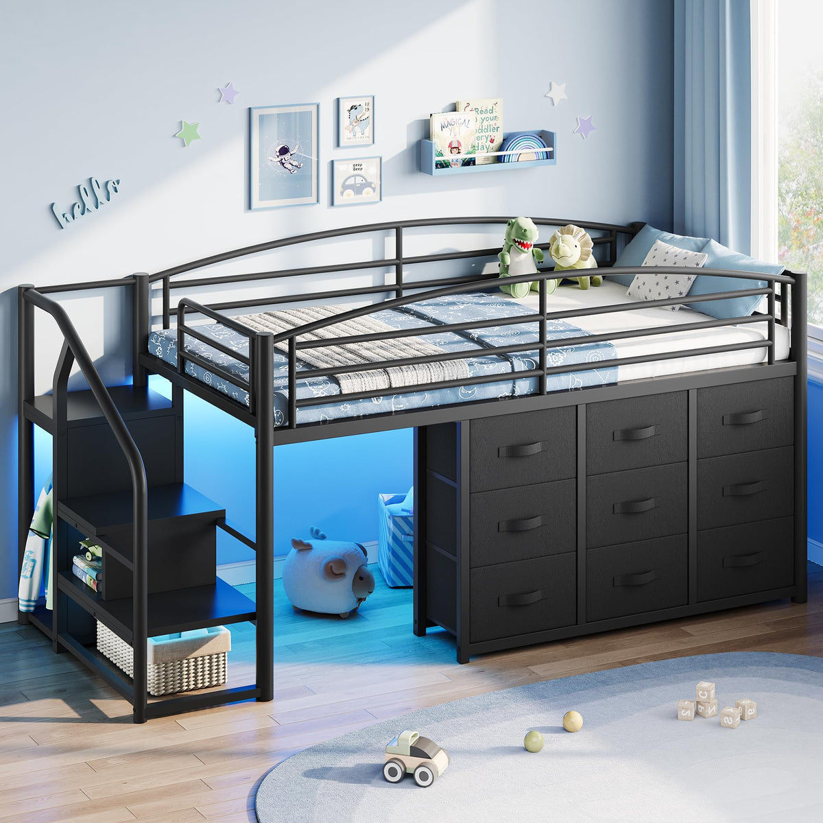 Twin Metal Loft Bed with 9 Storage Drawers and Guardrail A803009