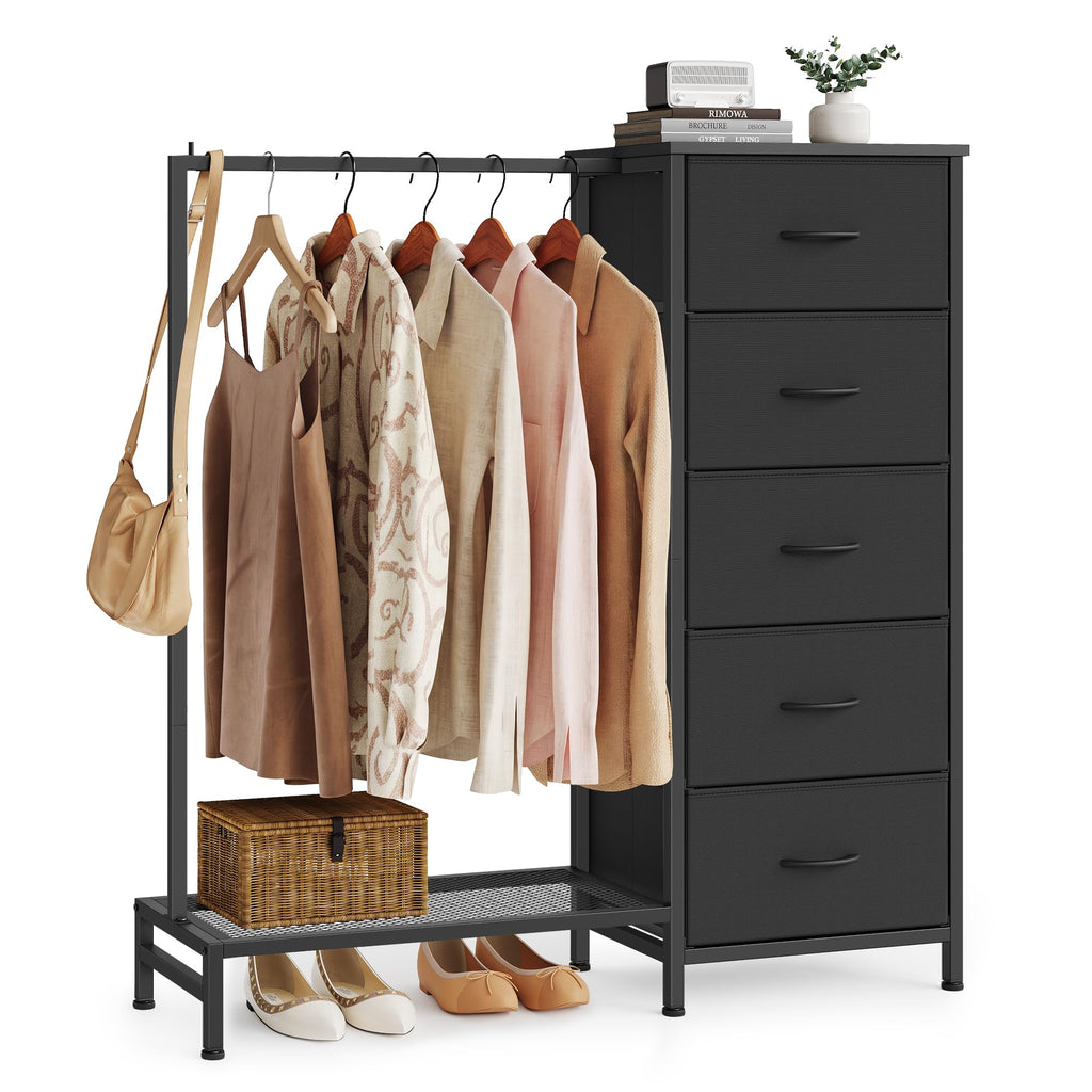 Fabric Dresser with Hanging Rod and 5 Drawers Q9671