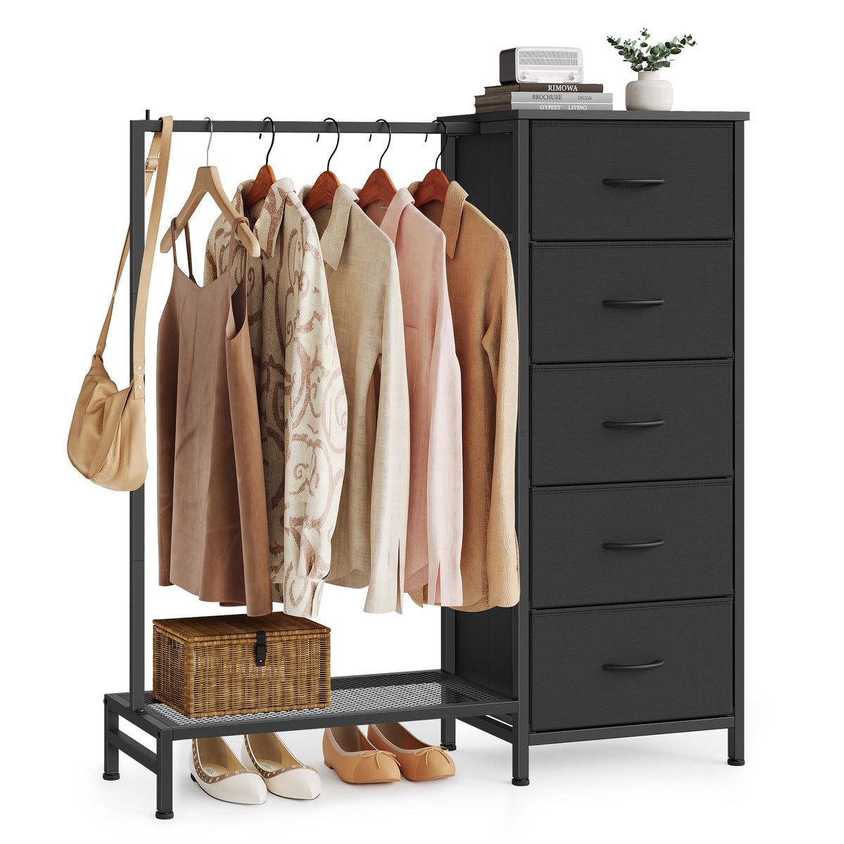 Fabric Dresser with Hanging Rod and 5 Drawers Q9671