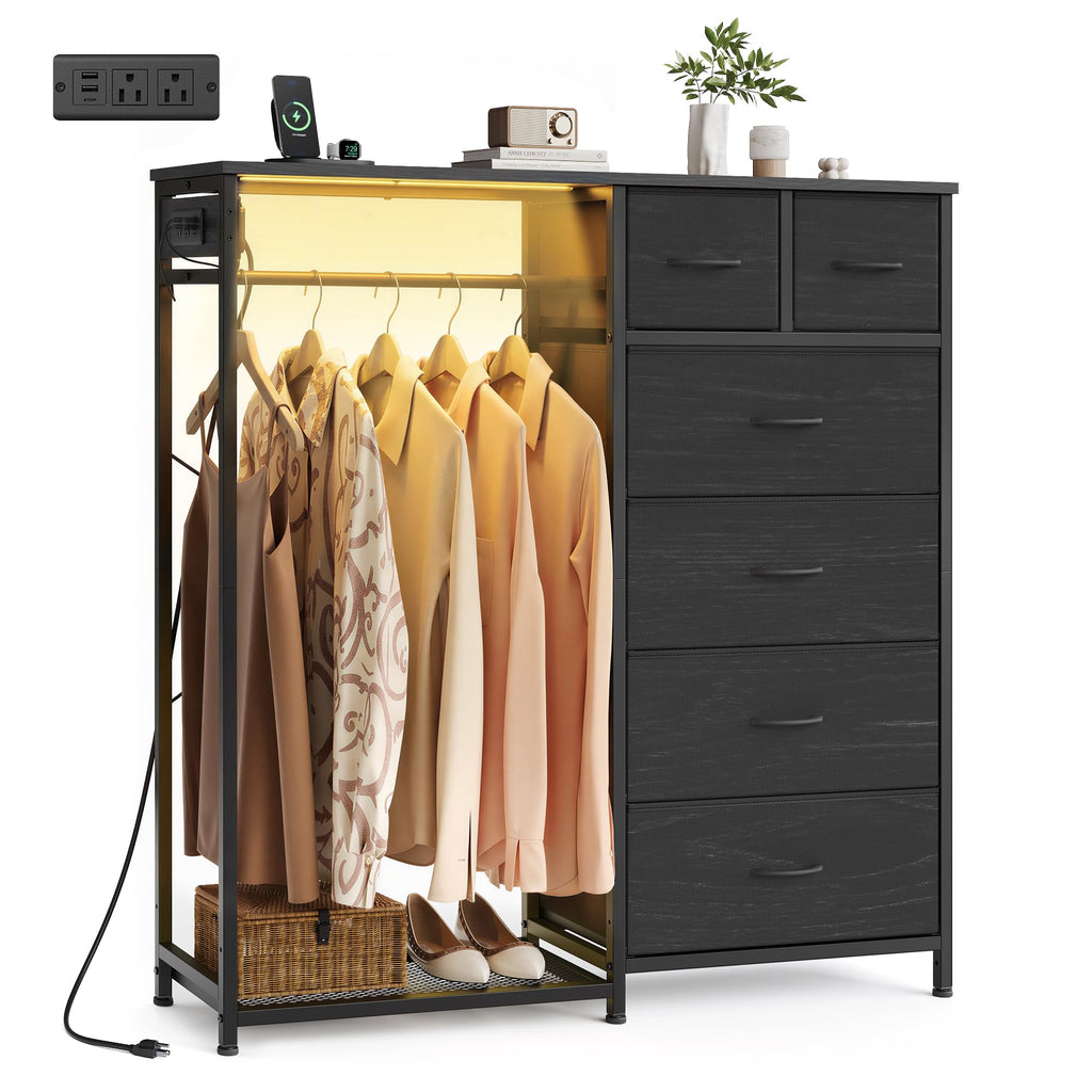 Dresser with Hanging Rod, Closet Organizer with 6 Fabric Drawers Y160