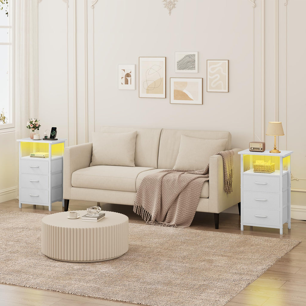White Nightstand with Charging Station and 3 Fabric Drawers Z6115