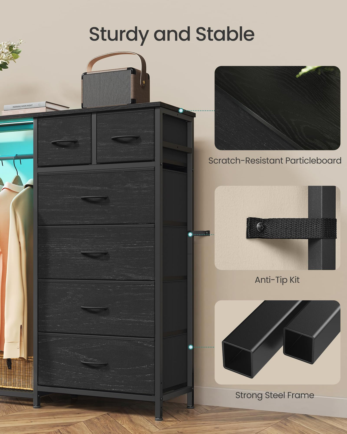 Dresser with Hanging Rod, Closet Organizer with 6 Fabric Drawers Y160