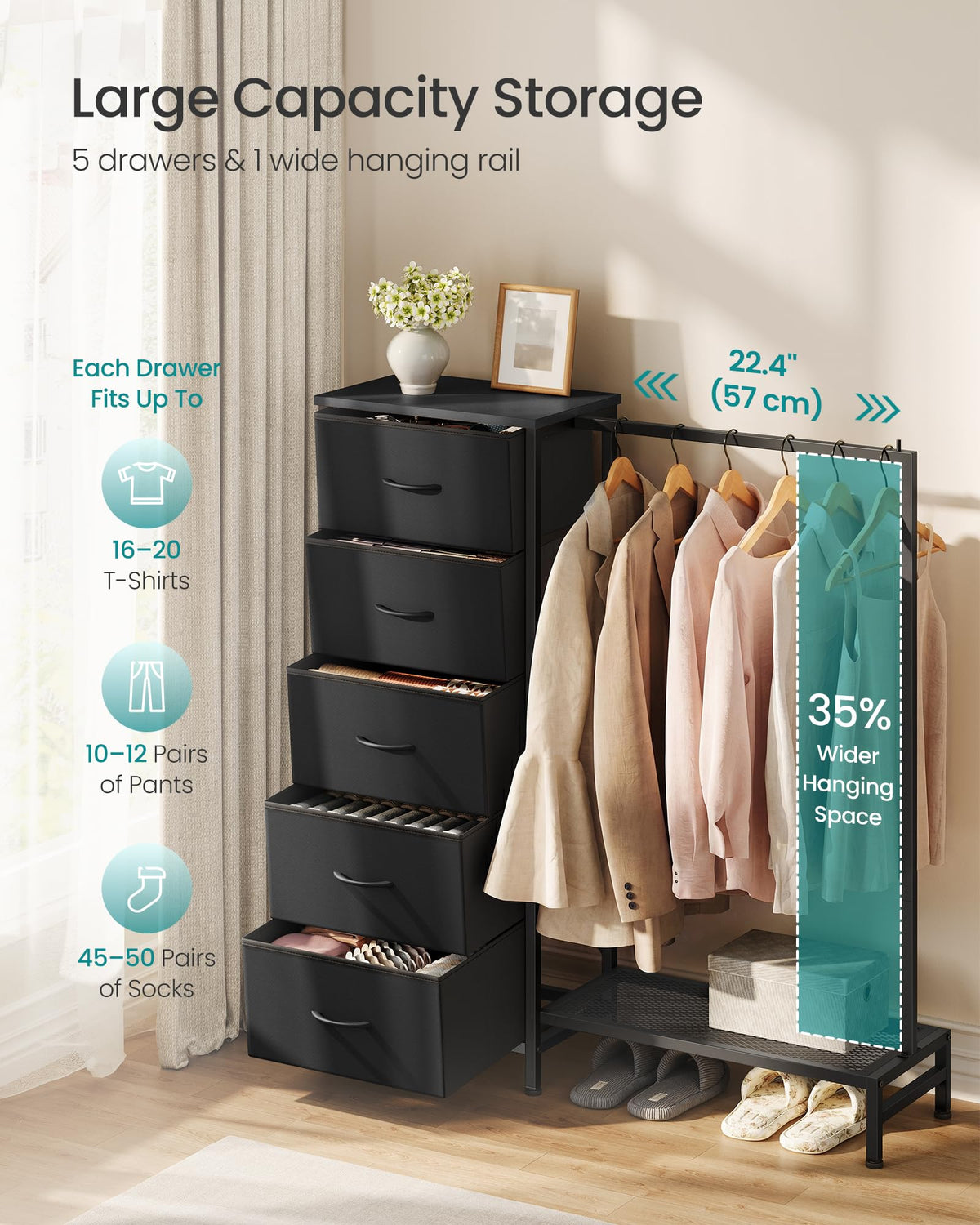 Fabric Dresser with Hanging Rod and 5 Drawers Q9671