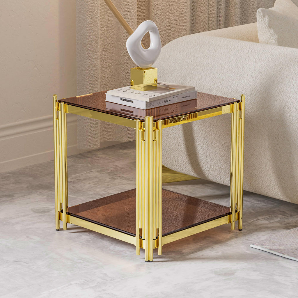 Gold Square Glass End Table, Set of 2 P387