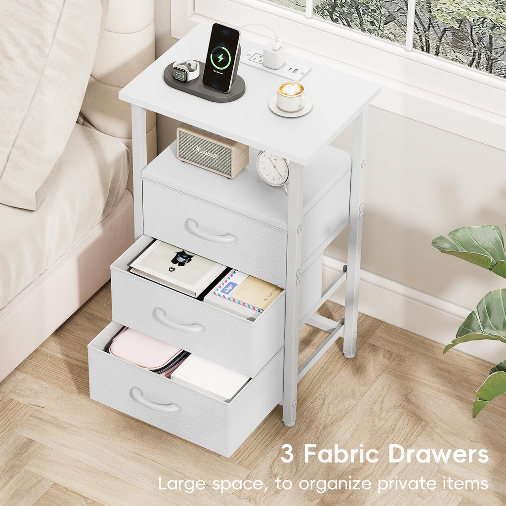 White Nightstand with Charging Station and 3 Fabric Drawers Z6115