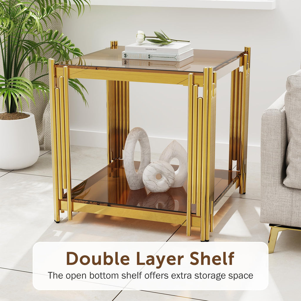 Gold Square Glass End Table, Set of 2 P387