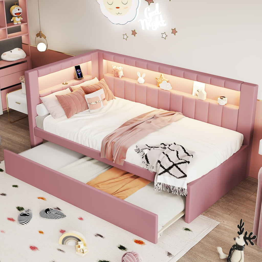 Twin Size Linen Fabric Daybed with Trundle and USB Ports I7910