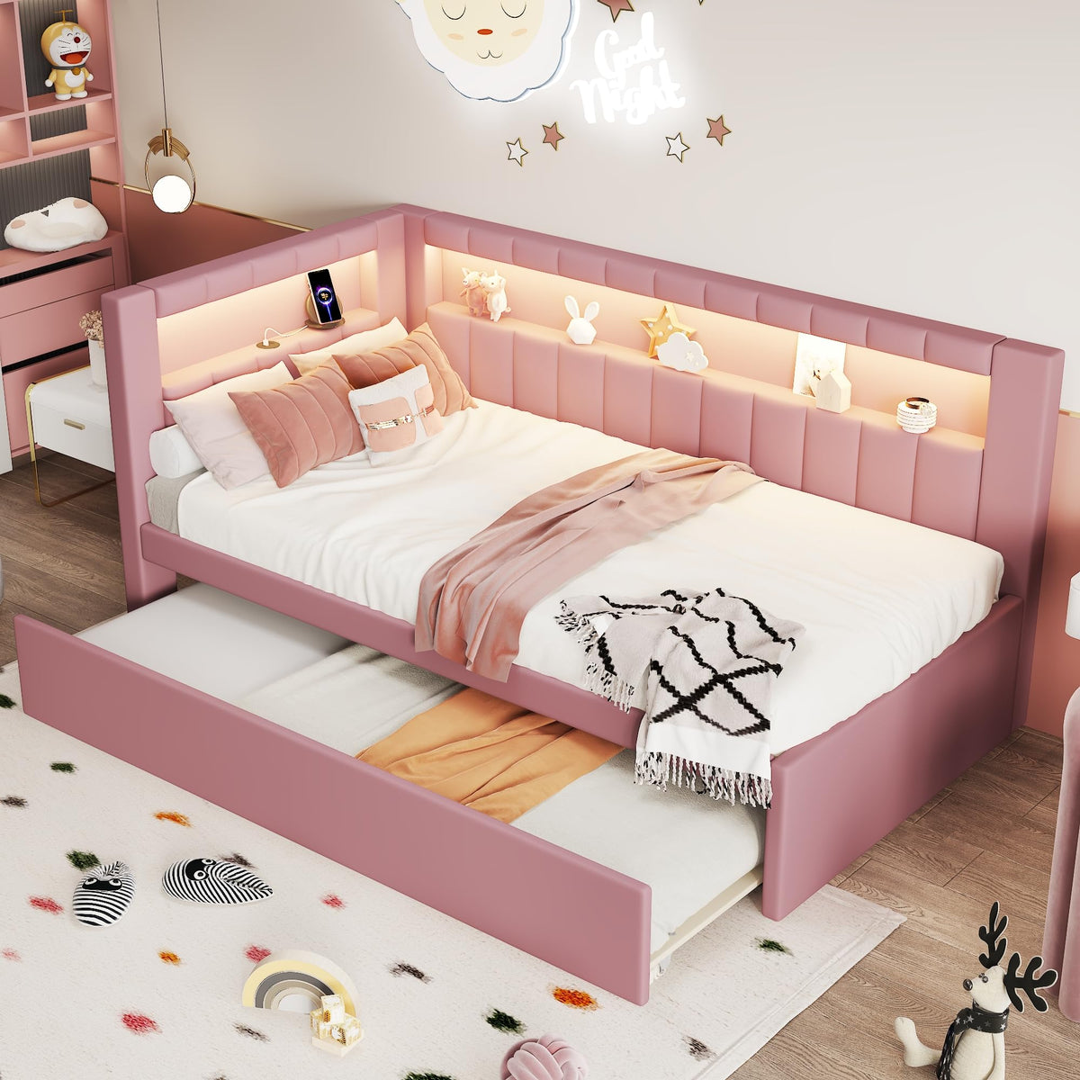 Twin Size Linen Fabric Daybed with Trundle and USB Ports I7910