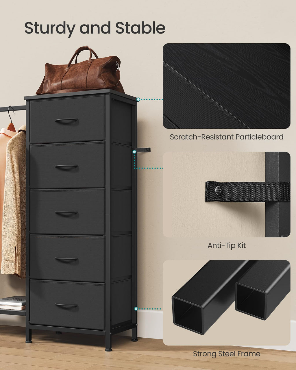Fabric Dresser with Hanging Rod and 5 Drawers Q9671