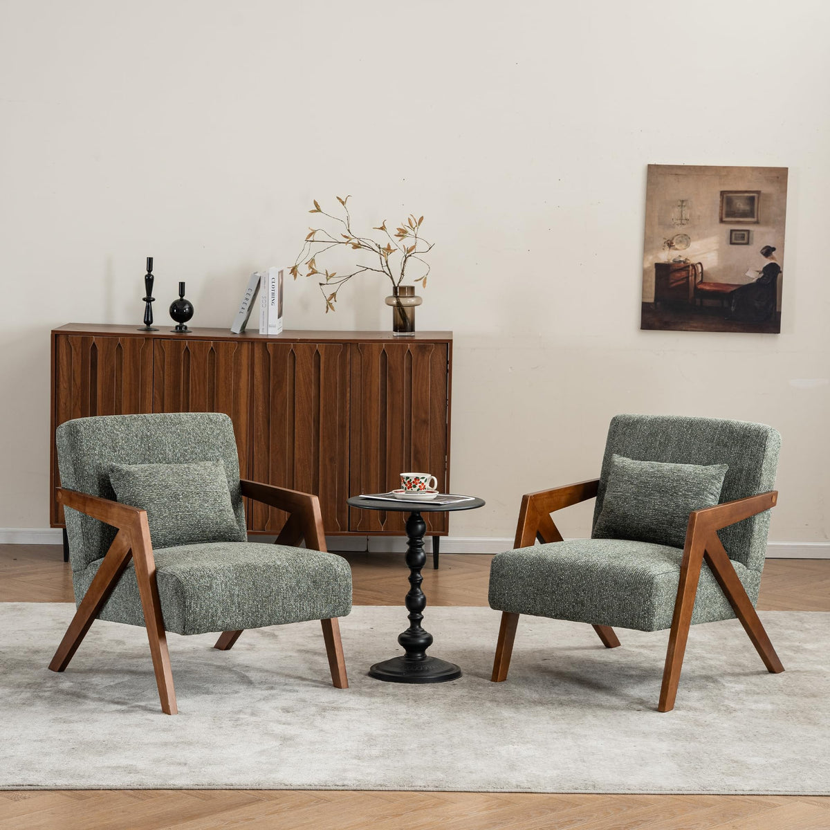 Mid-Century Modern Chenille Accent Chair Set of 2 with Wood Frame V43100