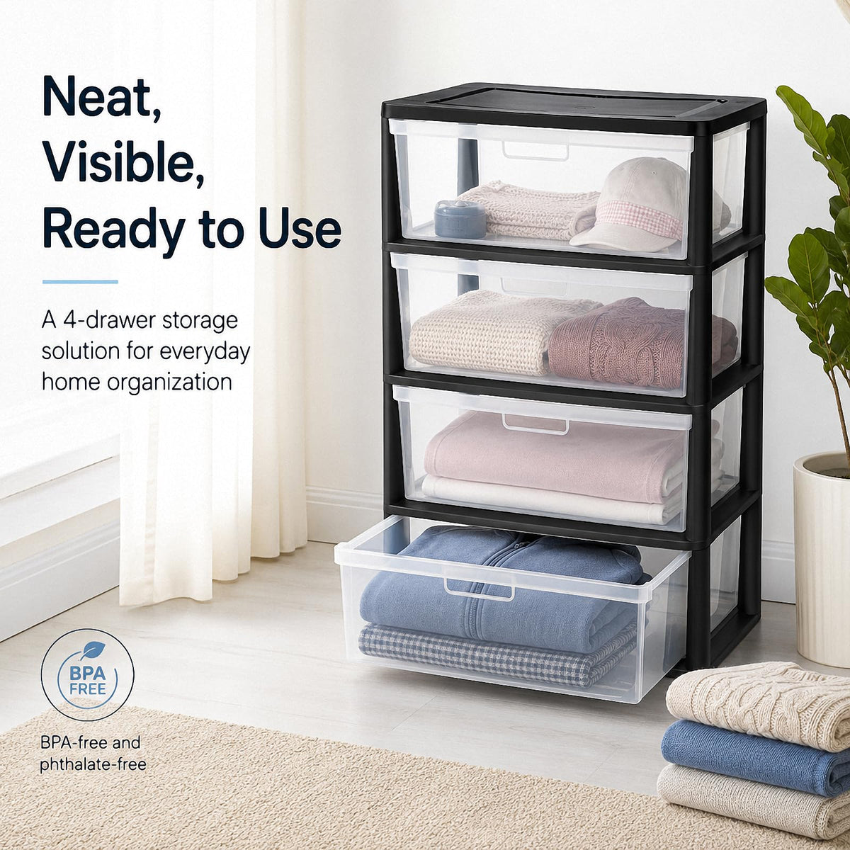 4 Drawer Black Plastic Storage Tower A503245