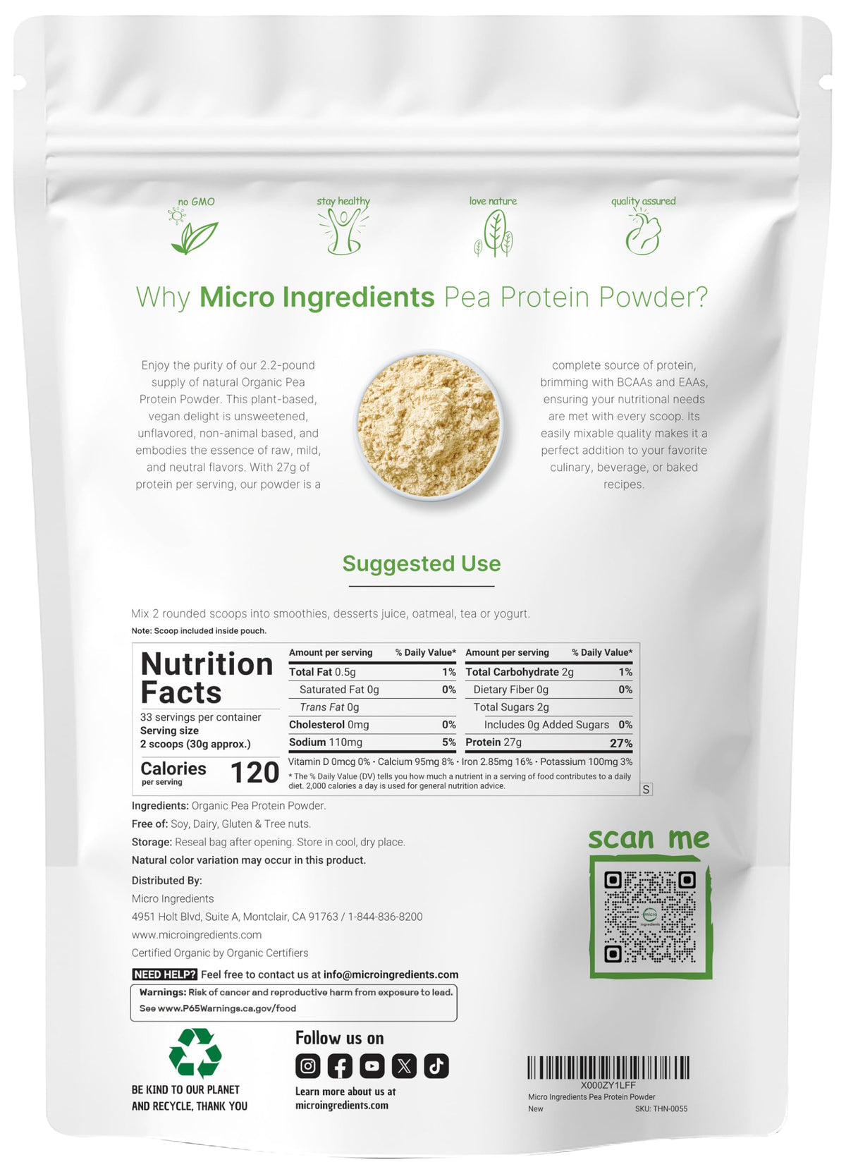 Organic Pea Protein Powder, 1KG (2.2 Pounds), Plant-Based Vegan C107688