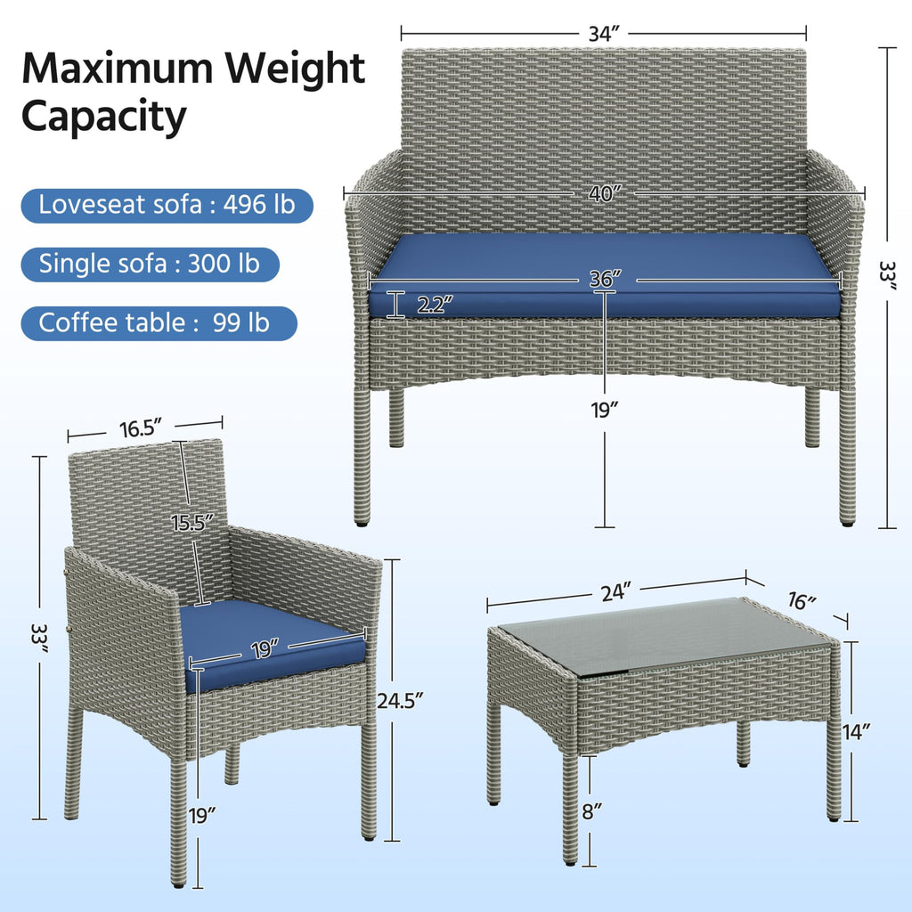 4 Pieces Rattan Wicker Patio Furniture Set with Cushion and Glass Table C756894