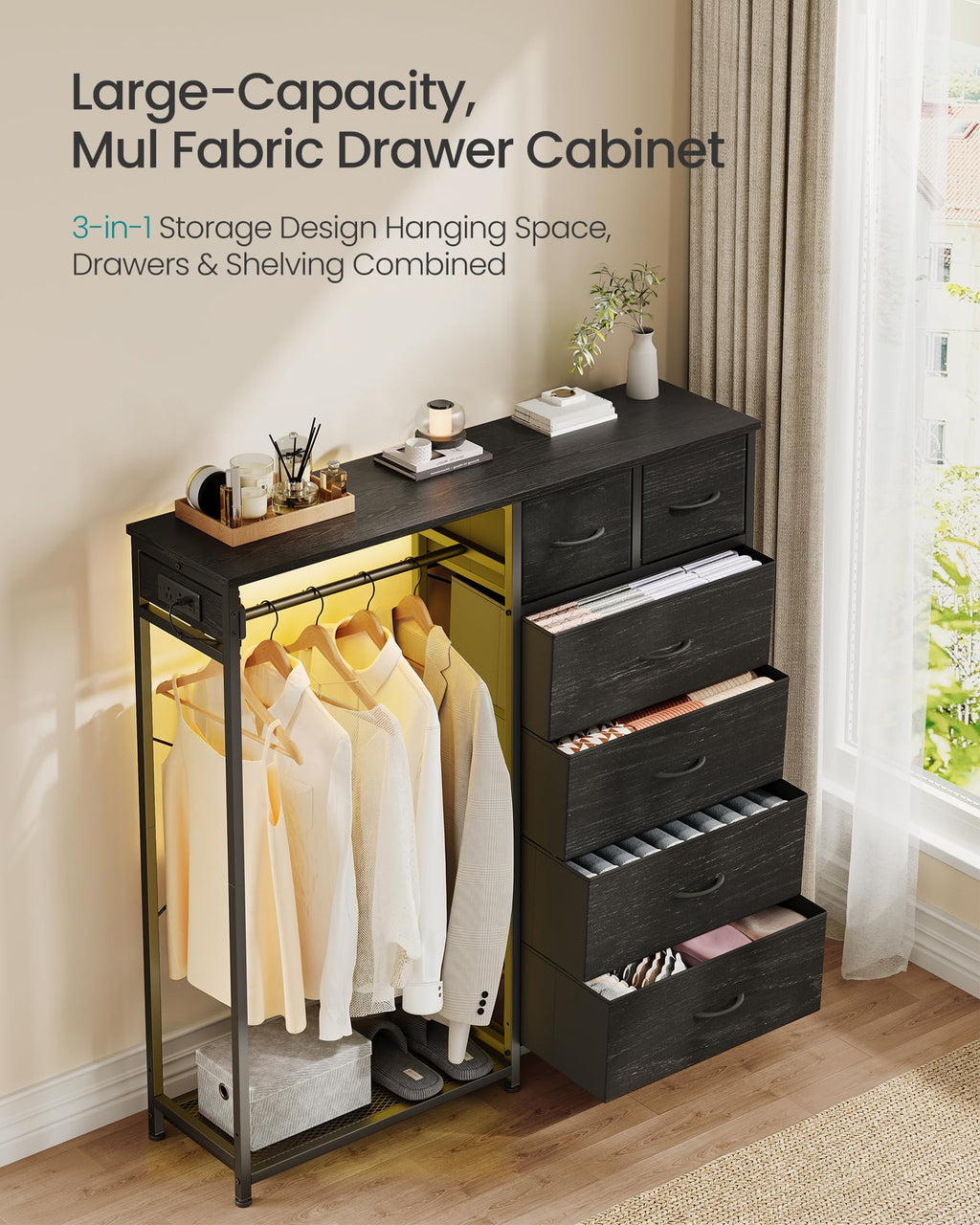 Dresser with Hanging Rod, Closet Organizer with 6 Fabric Drawers Y160