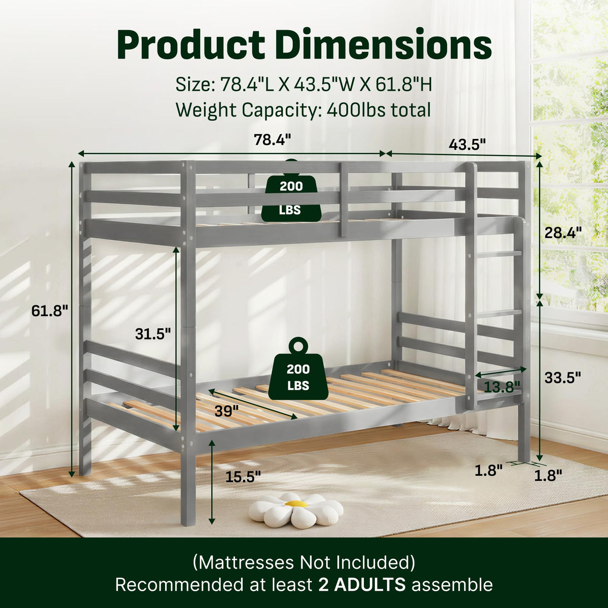 Twin Over Twin Solid Wood Bunk Bed S535