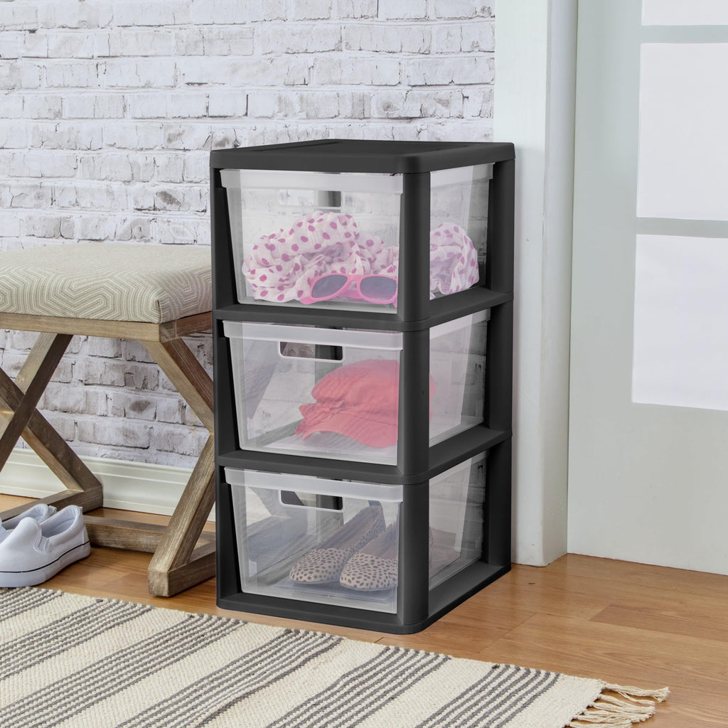 Black 3-Tier Plastic Storage Drawer Tower H37649