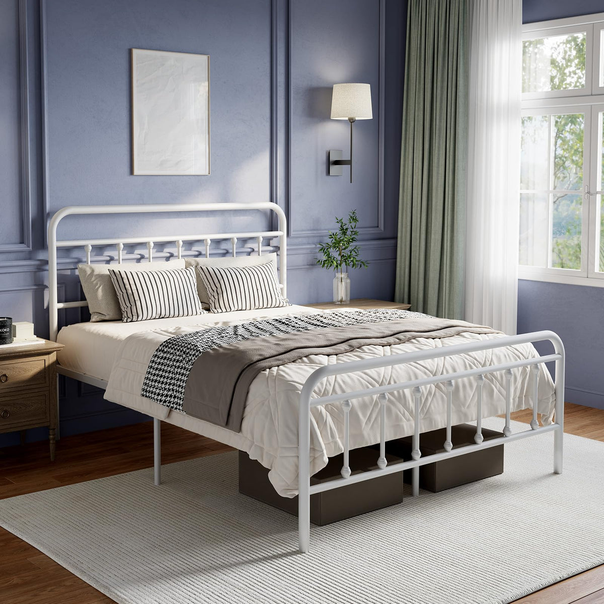 White Metal Full Size Bed Frame with Headboard and Footboard E9701