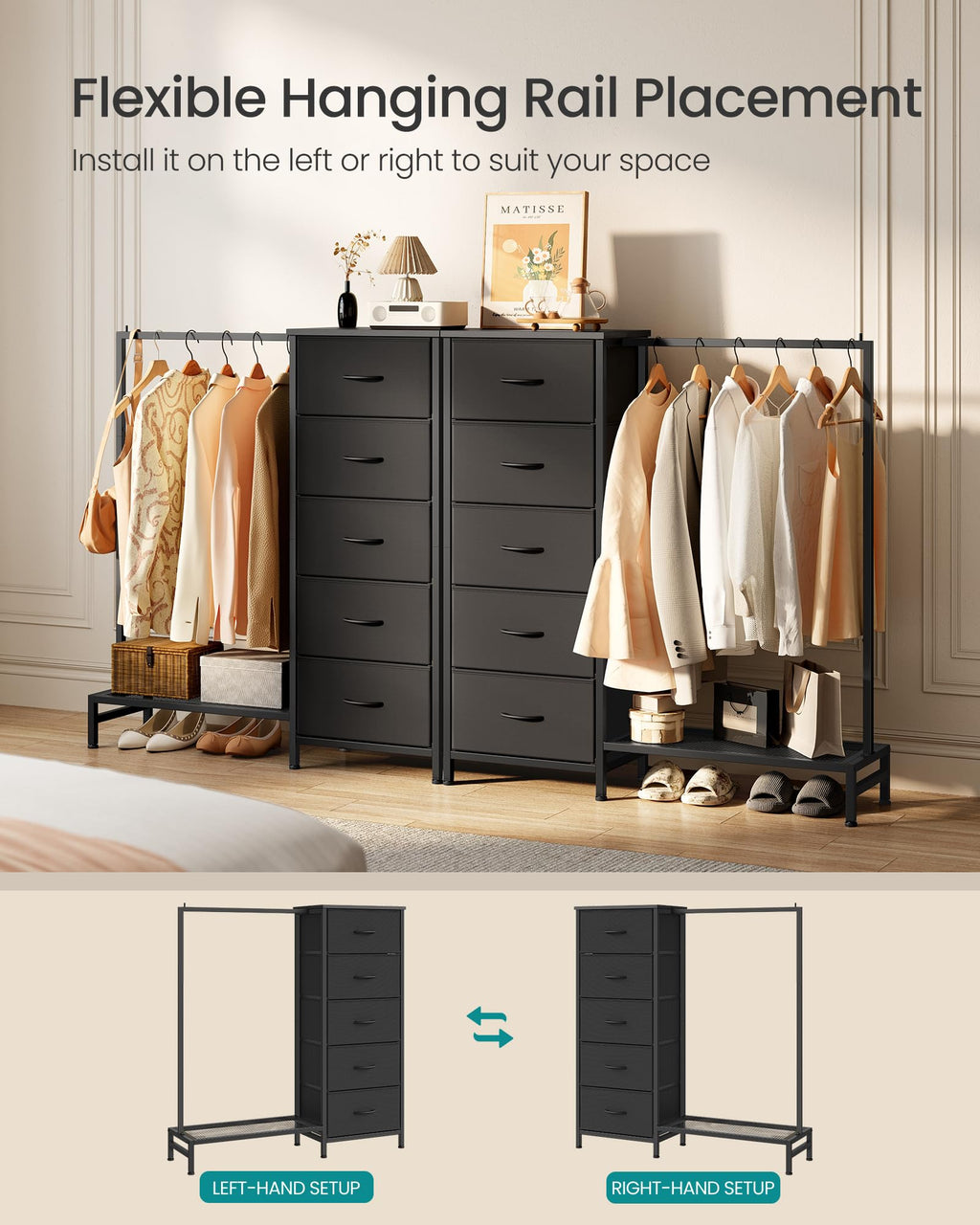 Fabric Dresser with Hanging Rod and 5 Drawers Q9671