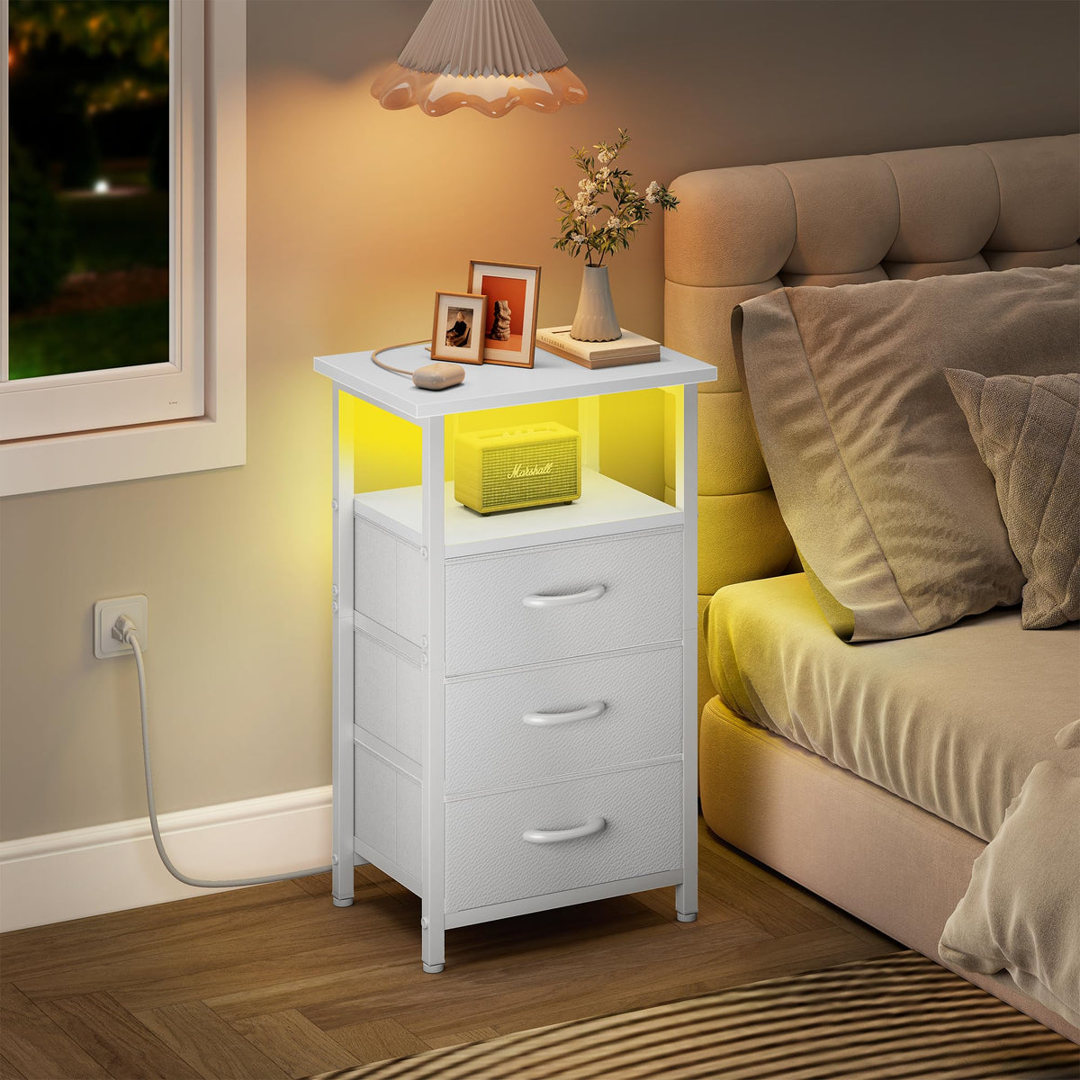 White Nightstand with Charging Station and 3 Fabric Drawers Z6115