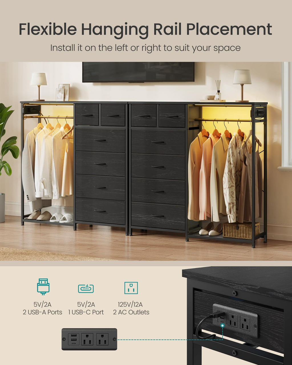 Dresser with Hanging Rod, Closet Organizer with 6 Fabric Drawers Y160