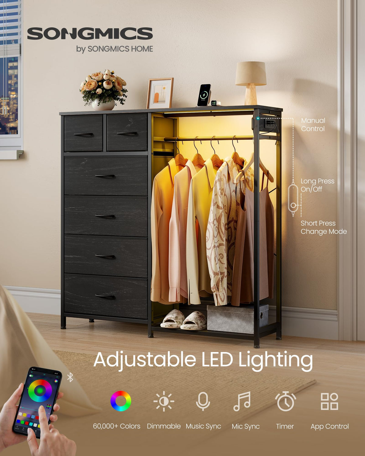 Dresser with Hanging Rod, Closet Organizer with 6 Fabric Drawers Y160