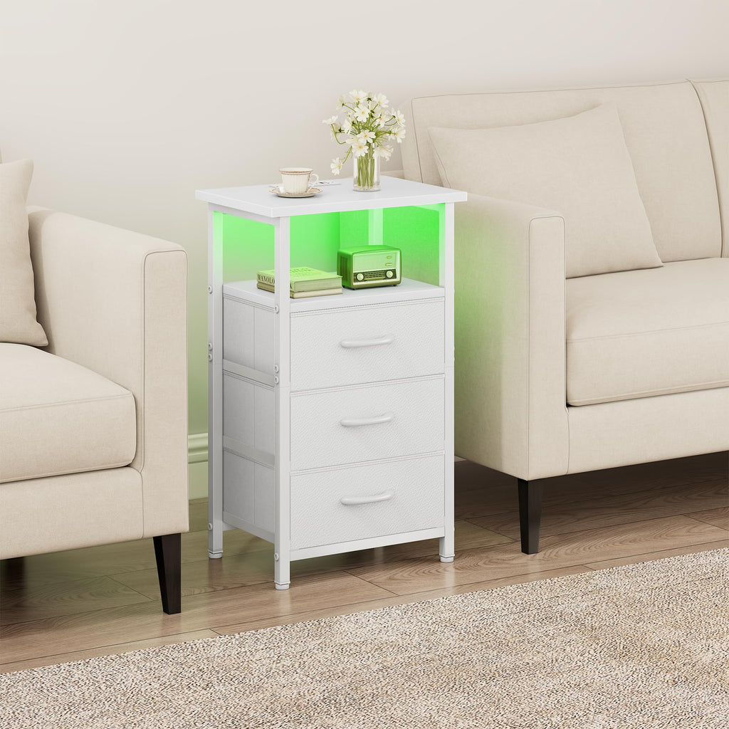 White Nightstand with Charging Station and 3 Fabric Drawers Z6115