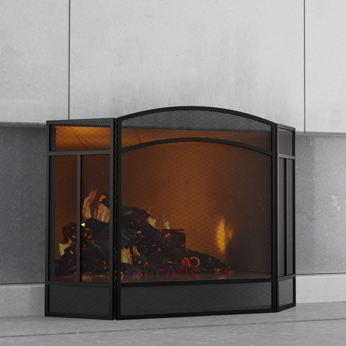 Black 3 Panel Wrought Iron Fireplace Screen V3635