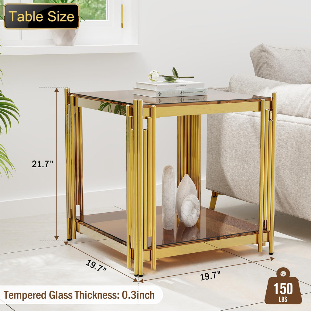 Gold Square Glass End Table, Set of 2 P387