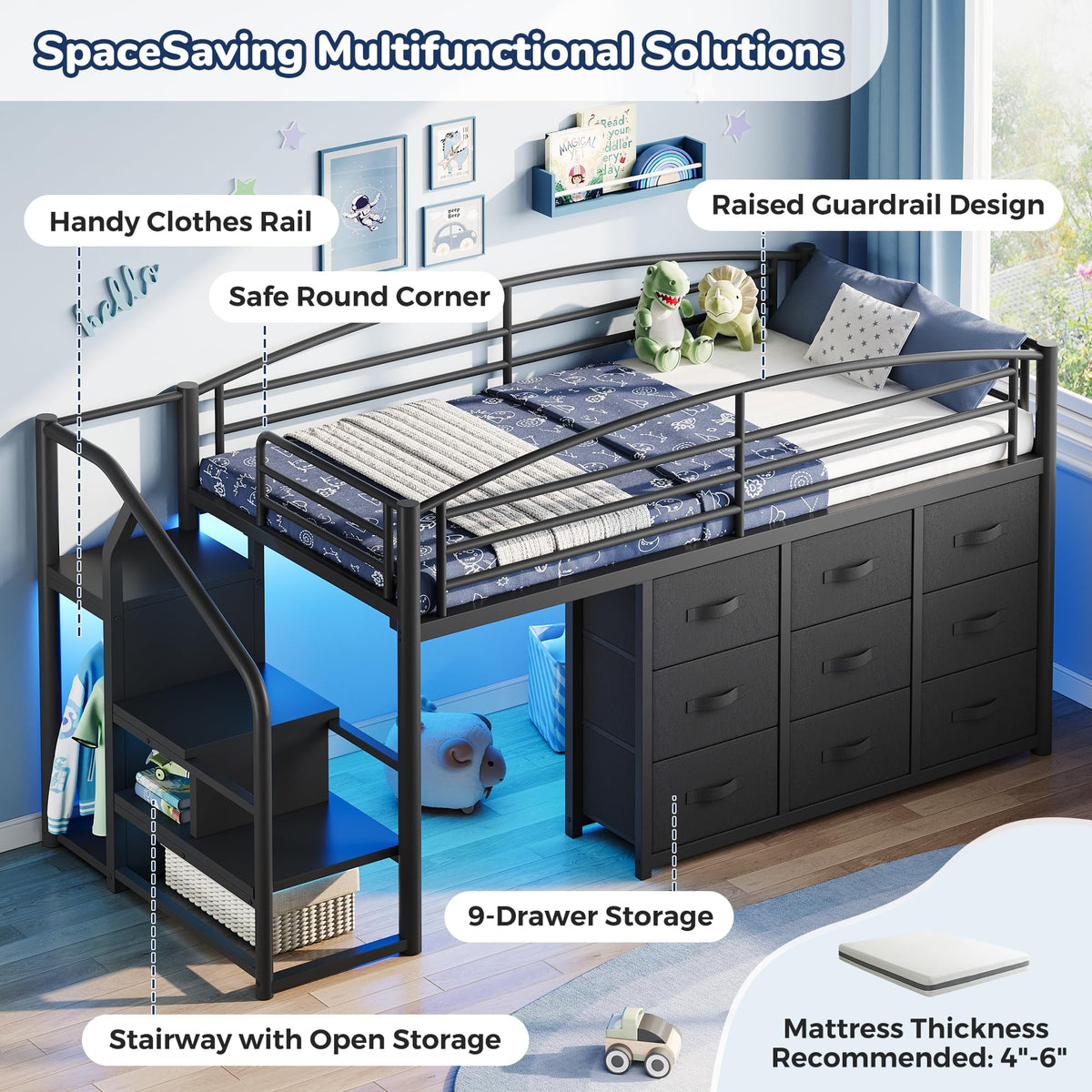 Twin Metal Loft Bed with 9 Storage Drawers and Guardrail A803009