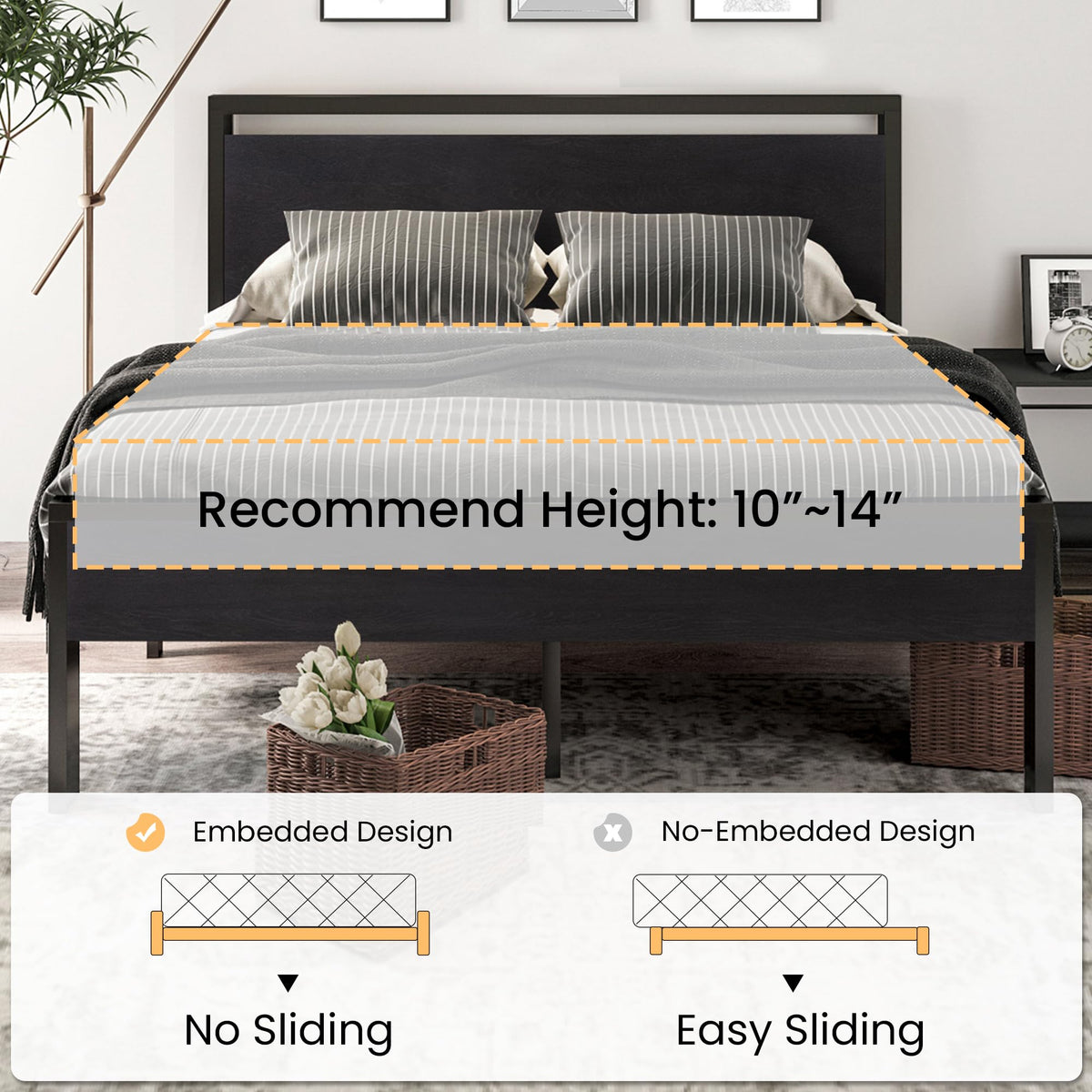 Full Size Bed Frame with Wooden Headboard and Footboard Q6382