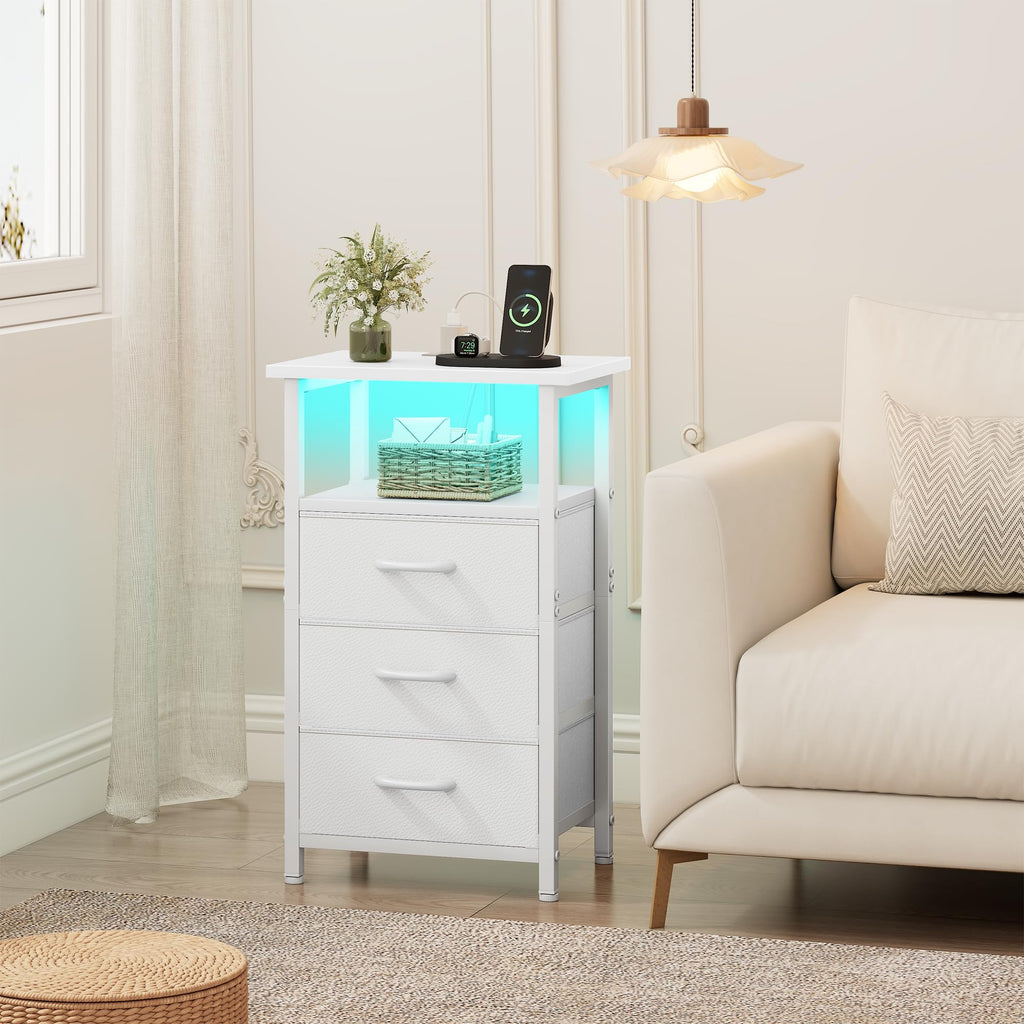 White Nightstand with Charging Station and 3 Fabric Drawers Z6115