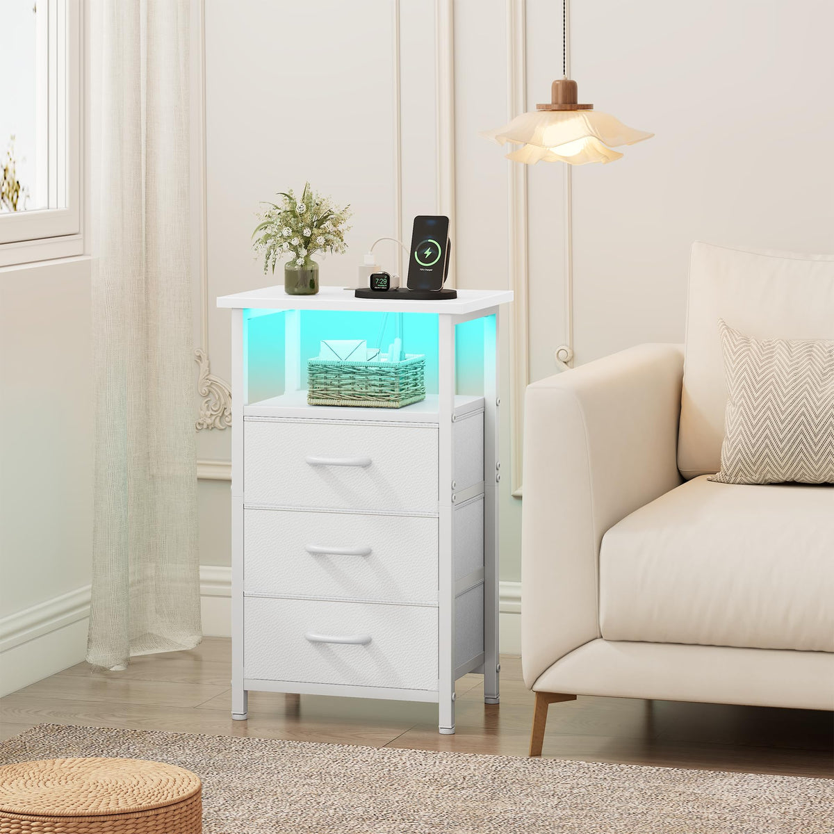 White Nightstand with Charging Station and 3 Fabric Drawers Z6115