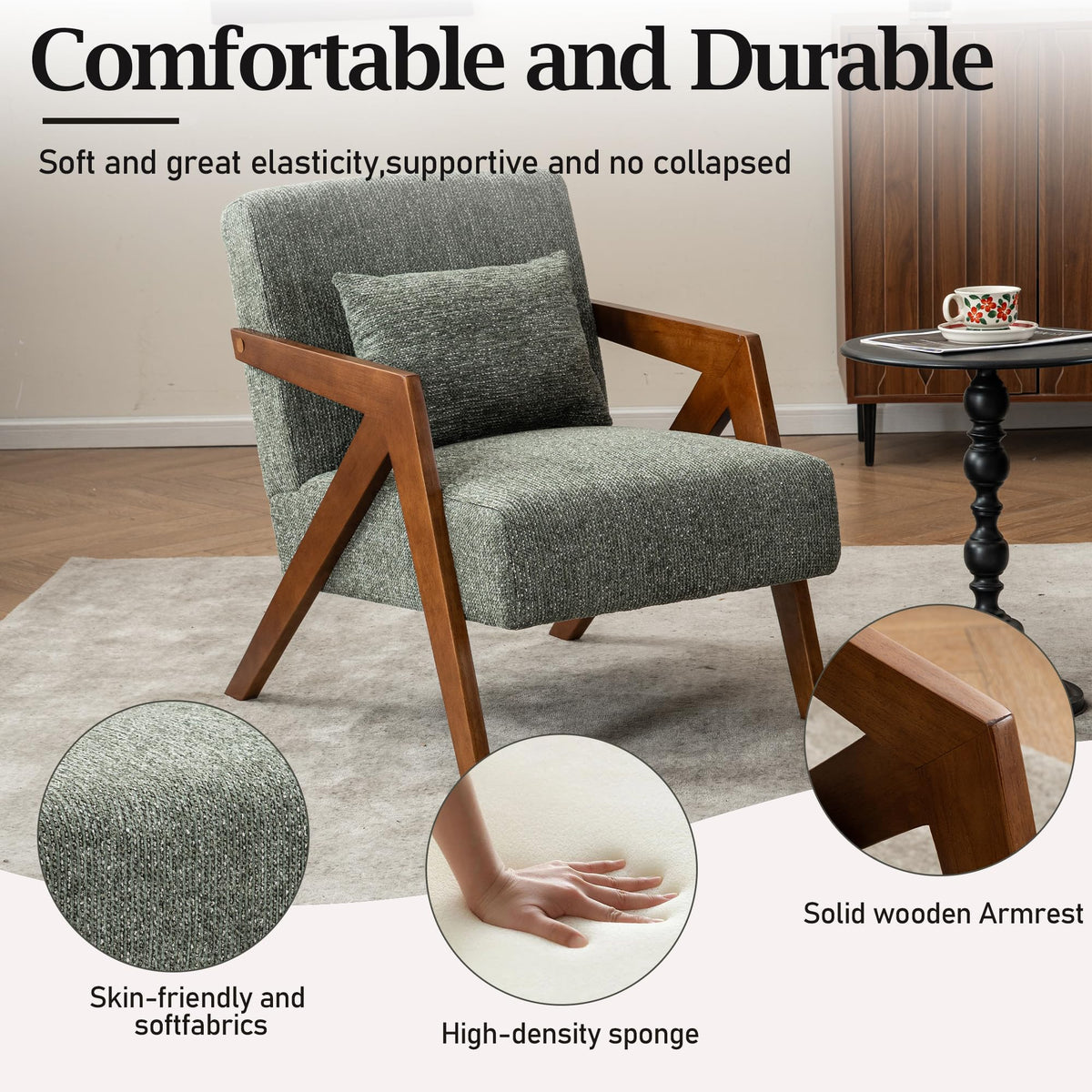 Mid-Century Modern Chenille Accent Chair Set of 2 with Wood Frame V43100